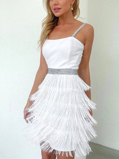 Vestido mini con flecos y tirantes, estilo socialité, para citas y cenas 