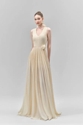 Chic Sleeveless V Neck Long Prom Dress With Pleated Belt