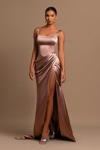 Bmbridal Satin Mermaid Prom Dress With Straps And Front Slit