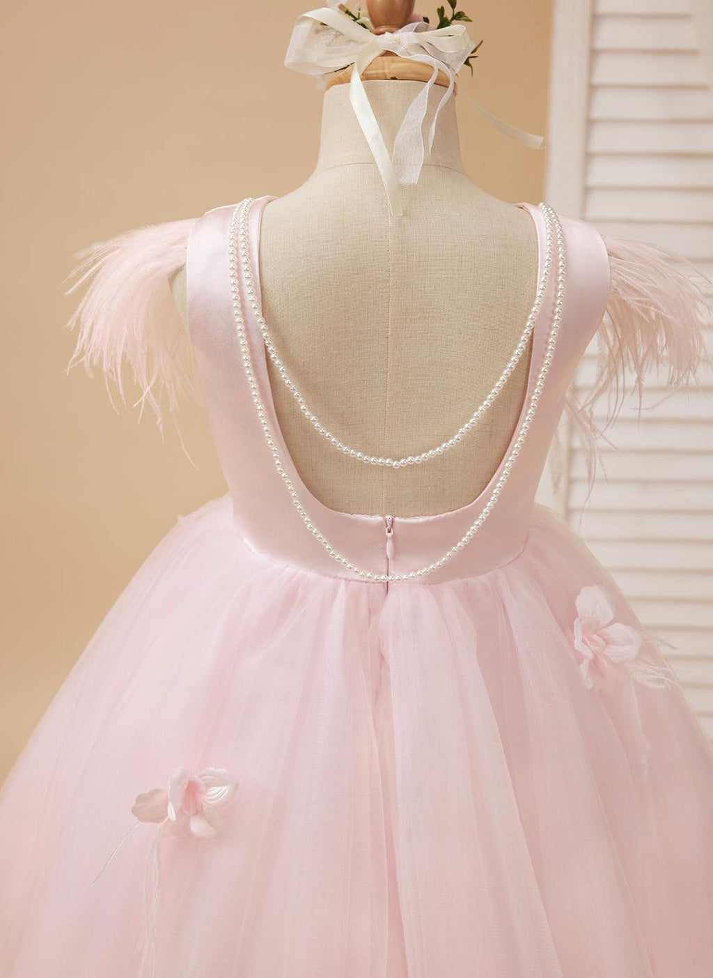 Princess Sleeveless Tulle Flower Girl Dress With Beading And Feather Bow