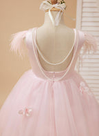 Princess Sleeveless Tulle Flower Girl Dress With Beading And Feather Bow