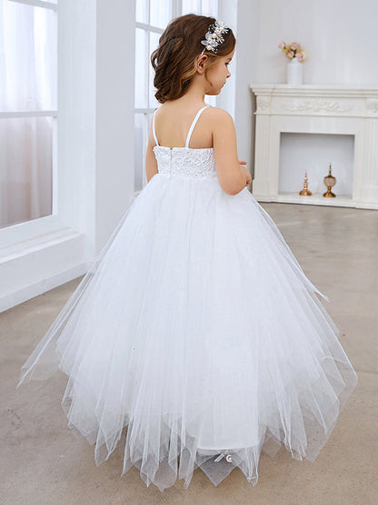 Ball-Gown/Princess Lace Tulle Floor-length White Dress (010145213)