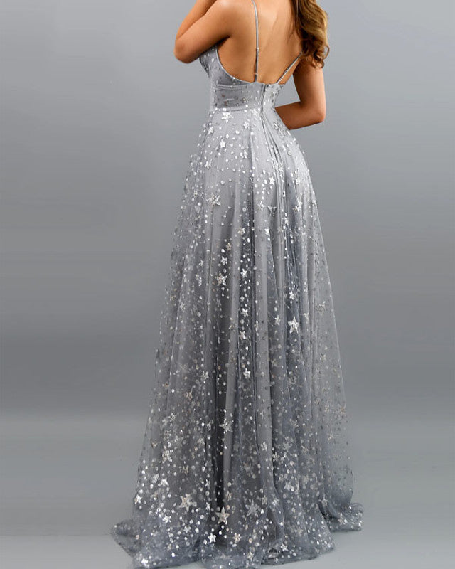 Dusty Blue V Neck Sleeveless Prom Dress With Sequins Floor Length