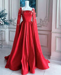 Splendido Abito da Sera Rosso in Raso con Applicazioni, Abito da Festa Formale a Linea A con Mantella Y7593