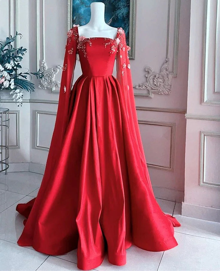 Splendido Abito da Sera Rosso in Raso con Applicazioni, Abito da Festa Formale a Linea A con Mantella Y7593