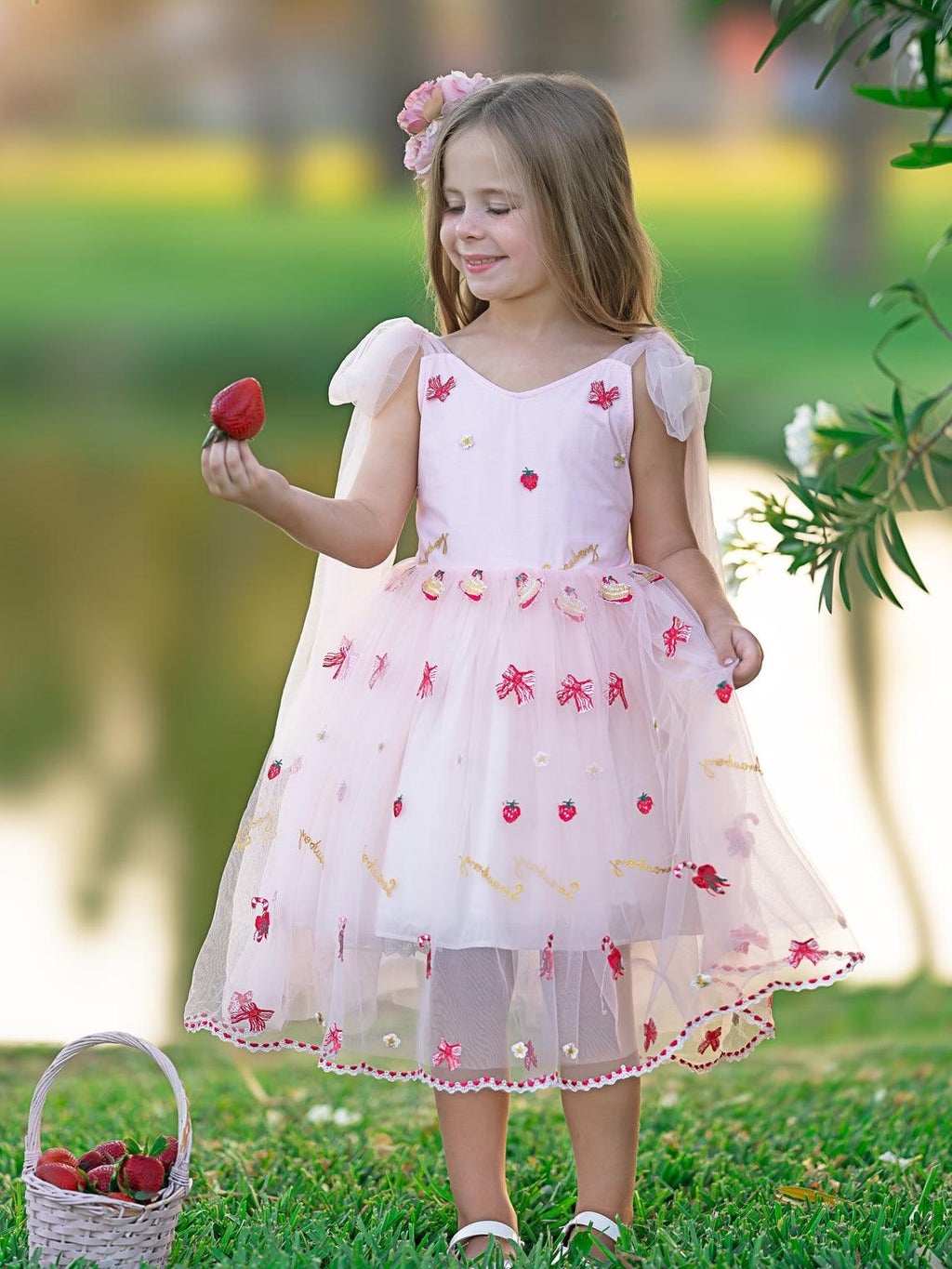 Pink Tulle Knee Length Strawberry Embroidery Flower Girl Dress
