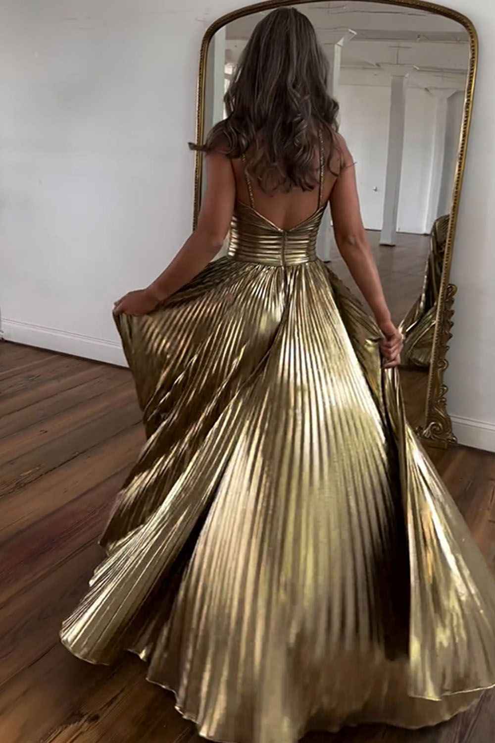 Sparkly Gold A Line Halter Neck Long Prom Dress With Keyhole Slit