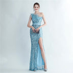 Heavy Industry Ostrich Hair Craft Beading Evening Dress with Side Slit