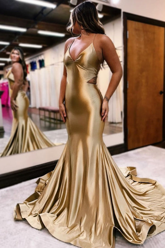 Elegante vestido de fiesta formal de sirena largo con escote en V y espalda descubierta