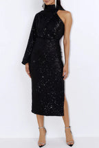 Vestido de Noite Elegante e Formal, Liso com Lantejoulas, Fenda e Alça ao Pescoço (6 Cores)