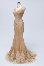 BMbridal Chic V Neck Sleeveless Mermaid Prom Dress With Beading And Appliques