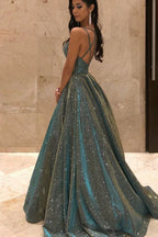 Shimmering Long A-line Spaghetti Straps Sleeveless V-Neck Sequins Prom Dress