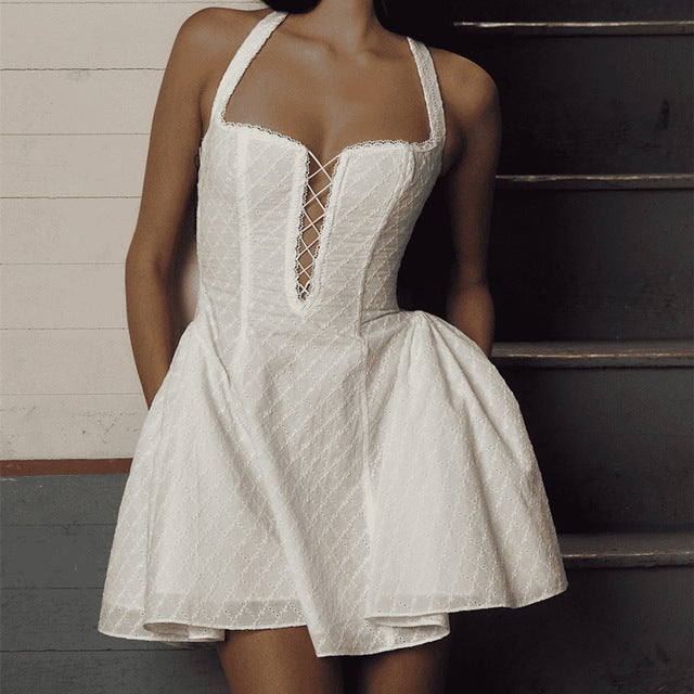 TARUXY White Halterneck Mini Dress For Women High Waist Hollow Lace Up Embroidery Sleeveless Folds Sexy Backless Evening Dress