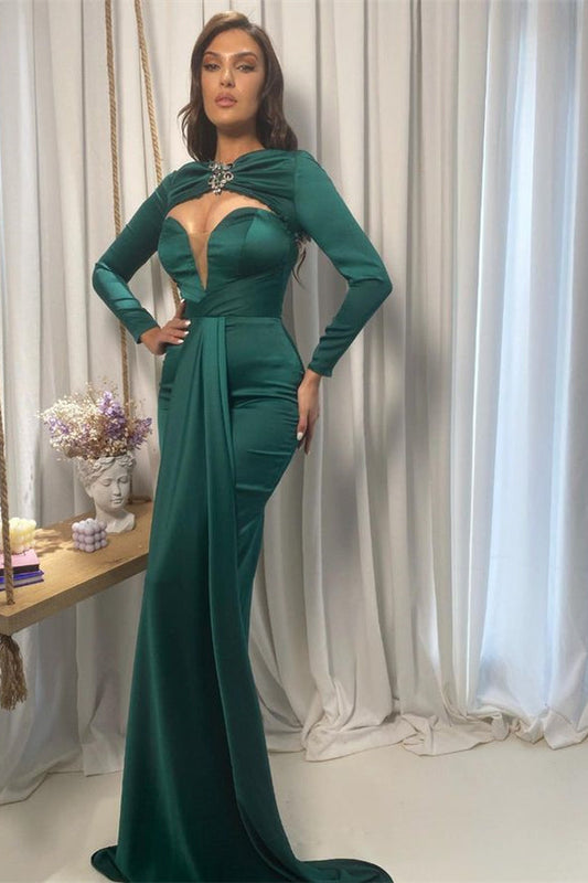 Vestido de fiesta con escote en V en verde esmeralda y mangas largas