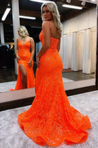 Orange Sequin Mermaid Prom Dress With Spaghetti Straps For Evening Party