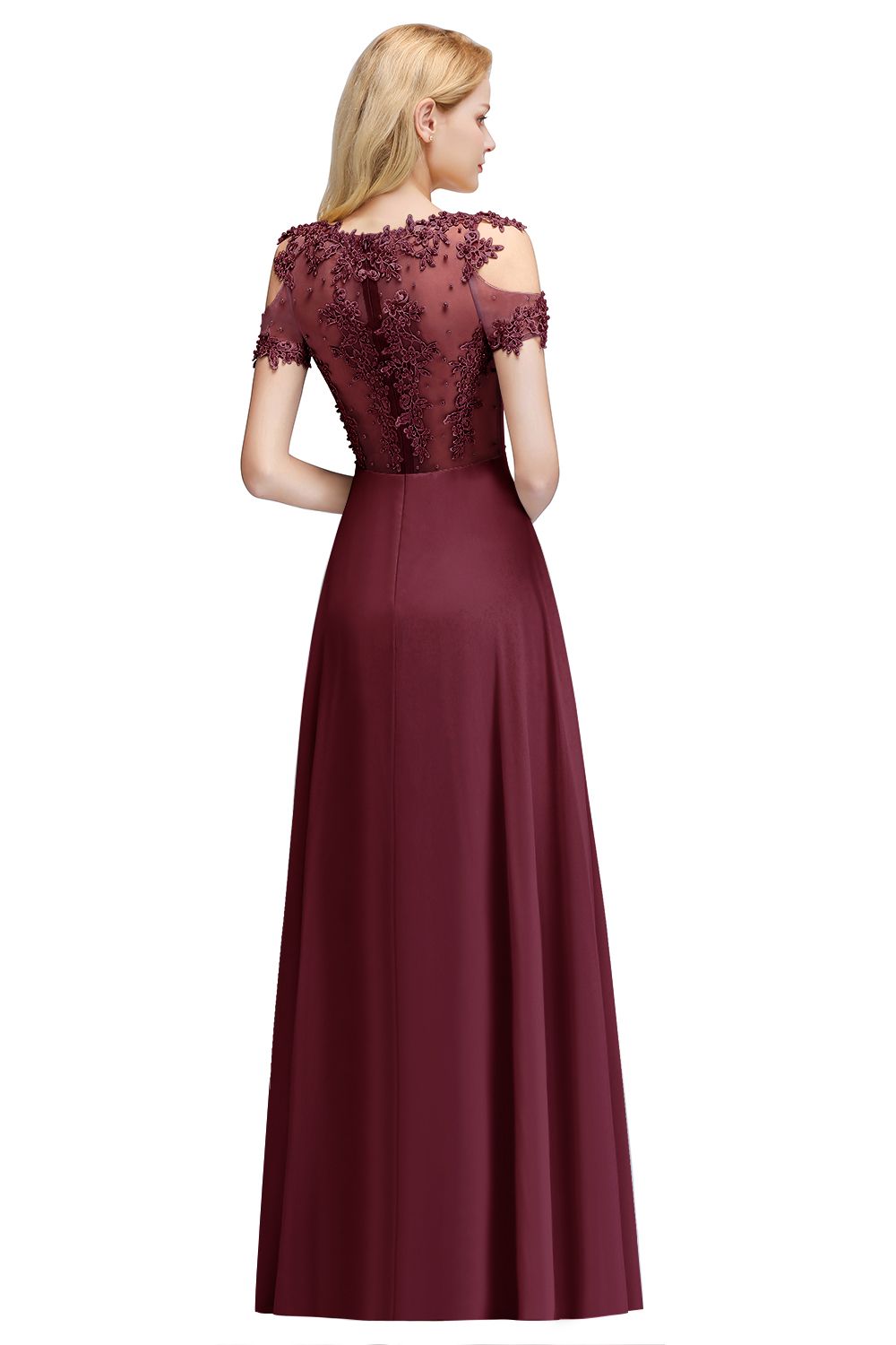 BMbridal Short Sleeve Lace Appliques Chiffon A Line Floor Length Prom Dress