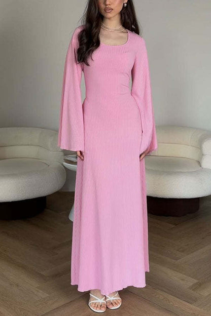 Vestido largo elástico de manga larga acampanada con canalé y elegante diseño cómodo 