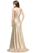 BMbridal Elegant A Line Open Back Sequined Sleeveless V Neck Evening Dress