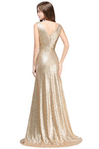 BMbridal Elegant A Line Open Back Sequined Sleeveless V Neck Evening Dress