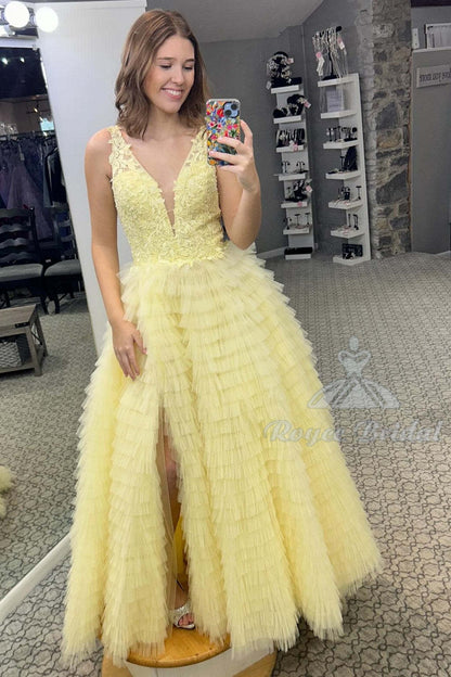 Plunge V Ruffle Tiered Long Prom Dress with Slit