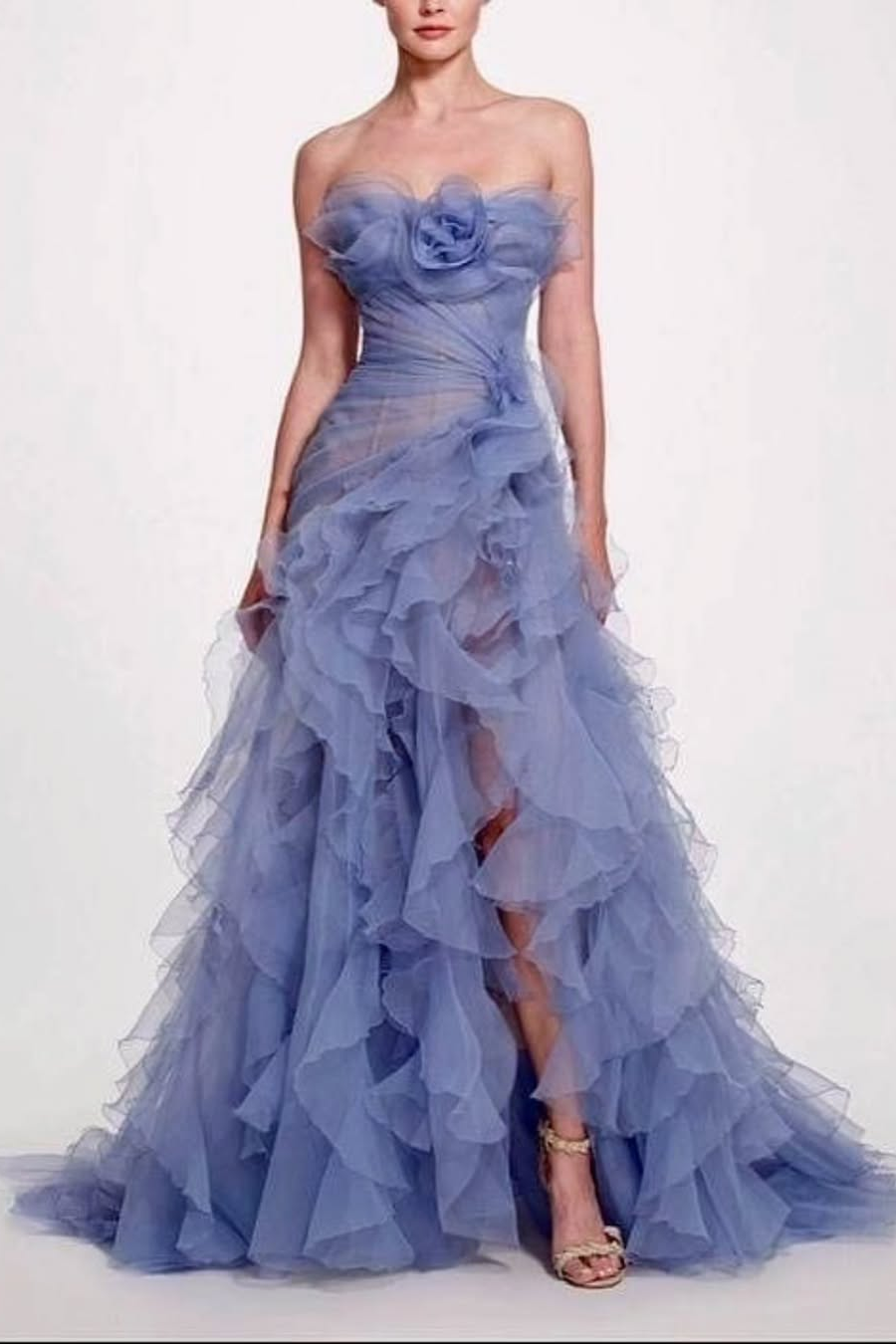 Strapless Sleeveless Long Prom Dress With High Split And Pleated Detail