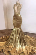 Abito lungo da sera senza maniche a sirena lucido oro con applicazioni di pizzo