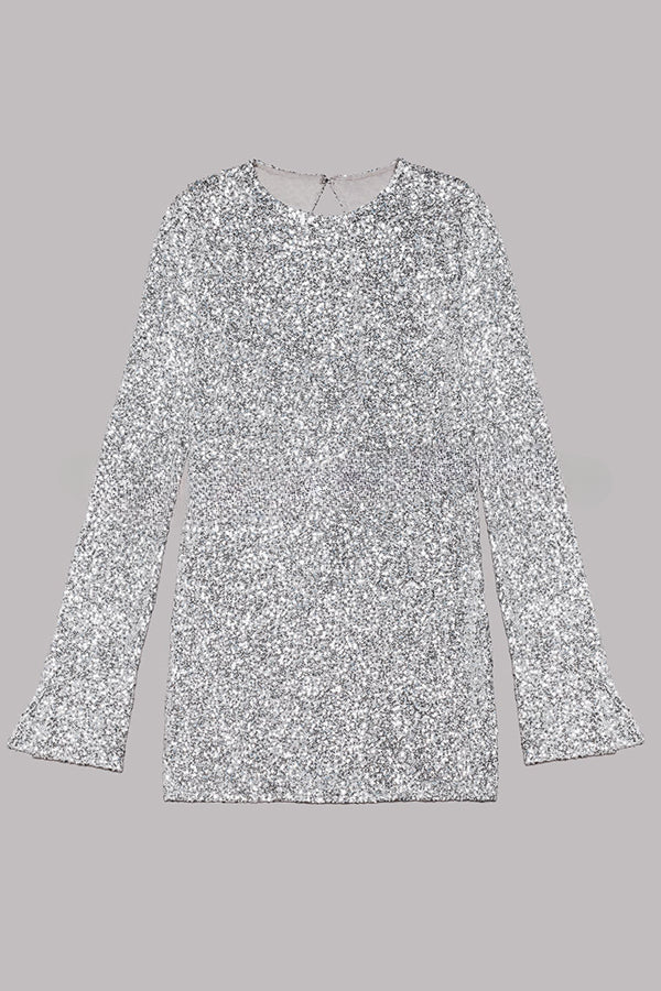 Flash Focus Sequin Extra Long Slit Sleeves Open Back Mini Dress