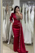 Burgundy Long Sleeves Prom Dress Mermaid Silhouette With Pearls Back Zipper