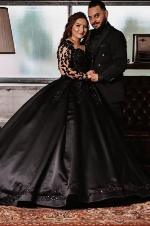 Classy Satin Black Long Ball Gown Wedding Dress With Sleeves