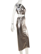 Skinny Sleeveless Asymmetric Pleated Shiny Split-Back Split-Joint One-Shoulder Evening Dresses Maxi Dresses