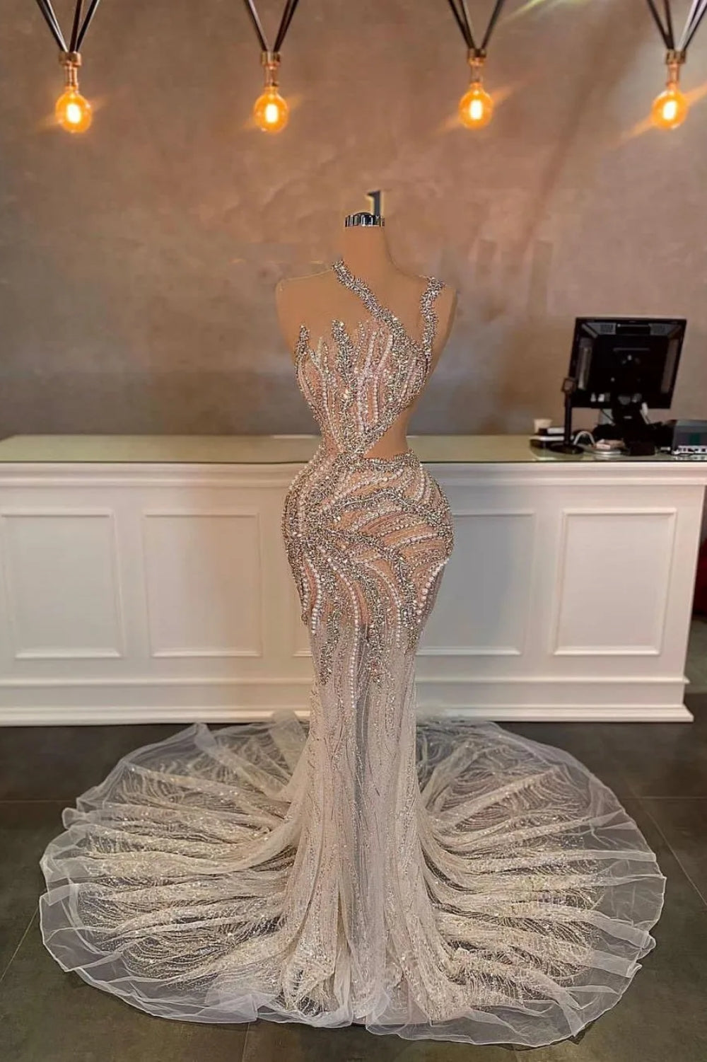 Mermaid One Shoulder Sequined Prom Dress With Beads And Pearls