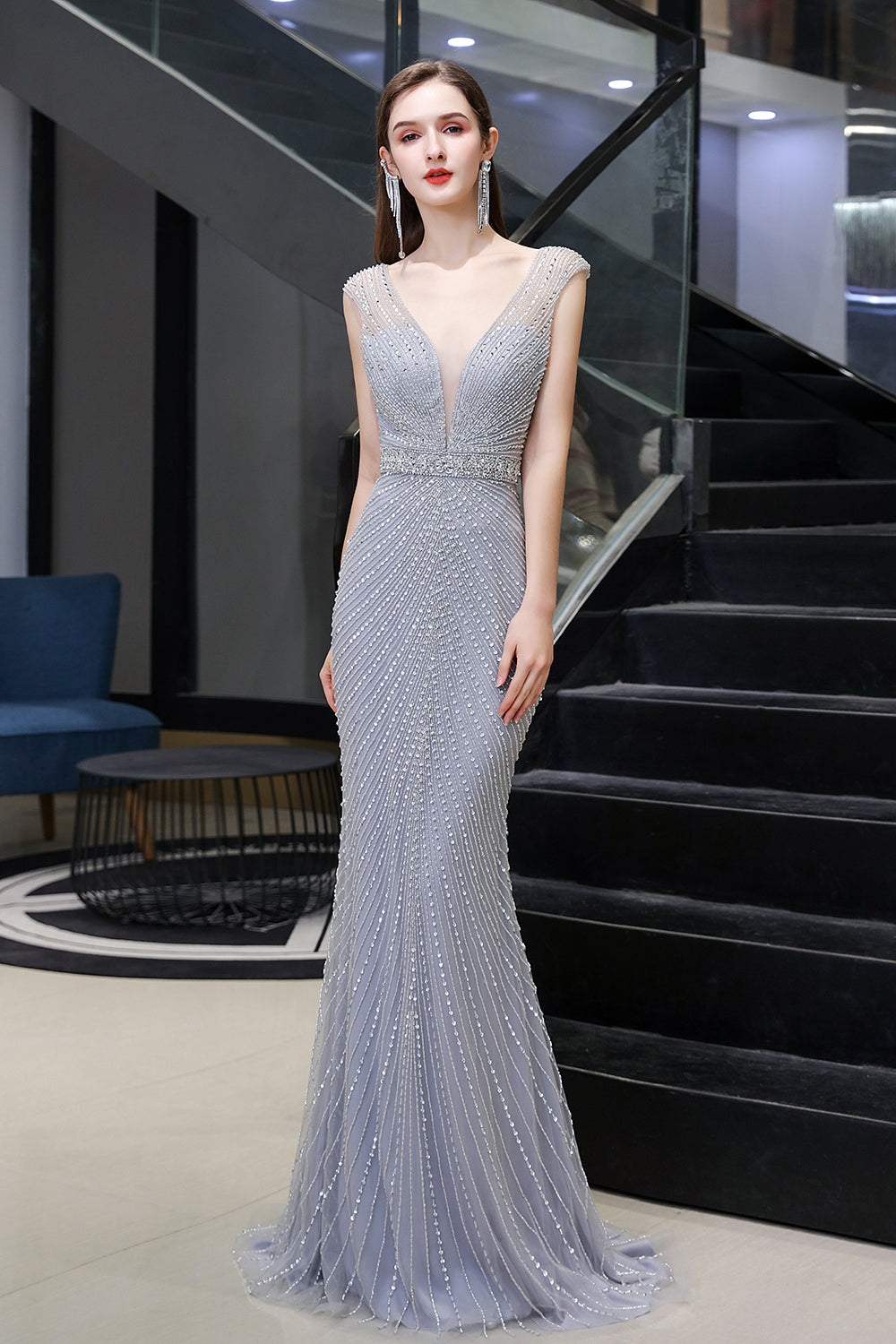 BMbridal Luxurious Beaded Mermaid Prom Dress Sleeveless V Neck Tulle Gown