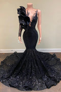 Bmbridal Black One Shoulder Prom Dress Mermaid Sequins Gown With Cascade Ruffles