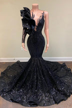 Bmbridal Black One Shoulder Prom Dress Mermaid Sequins Gown With Cascade Ruffles