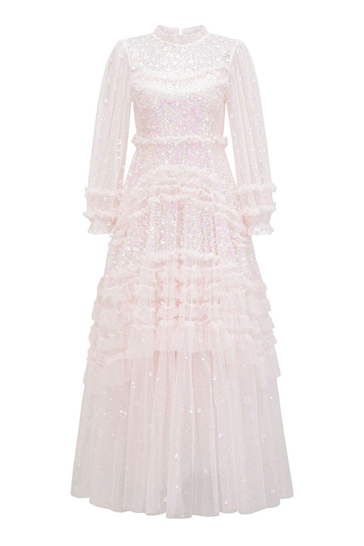 Abito da sera lungo in tulle a balze con collo alto finto, balze a pois e paillettes scintillanti