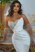 White Sweetheart Long Sleeves Mermaid Beads Wedding Dress With Detachable Skirt