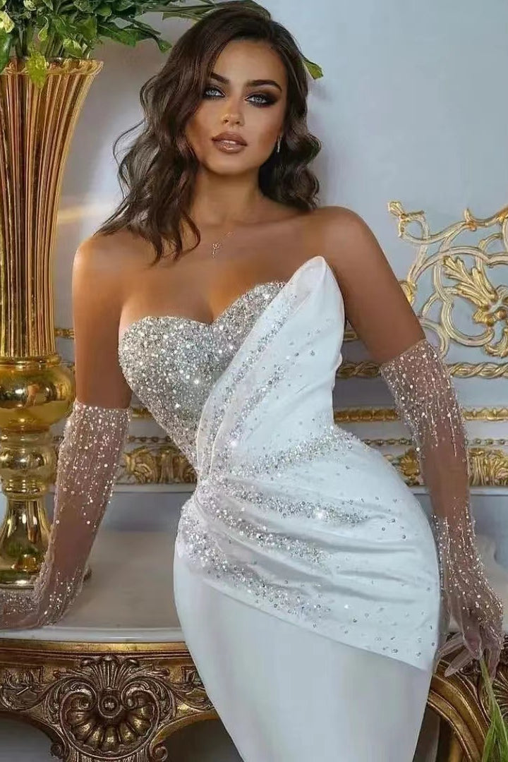 White Sweetheart Long Sleeves Mermaid Beads Wedding Dress With Detachable Skirt