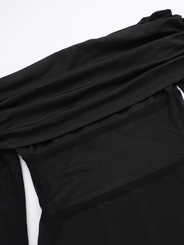 Lange Ärmel, schmal, plissiert, durchsichtig, einfarbig, mit Schlitz, schulterfrei, Abendkleider, Maxikleider 