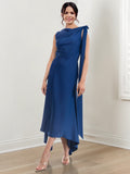 Asymmetrical Tea Length Mother Of The Bride Sheath Dress With Ruched Jewel Neck