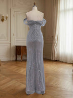Silver Off Shoulder Sparkly Ruched Bodice Mesh Long Prom Dress With Slit