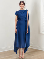 Asymmetrical Tea Length Mother Of The Bride Sheath Dress With Ruched Jewel Neck