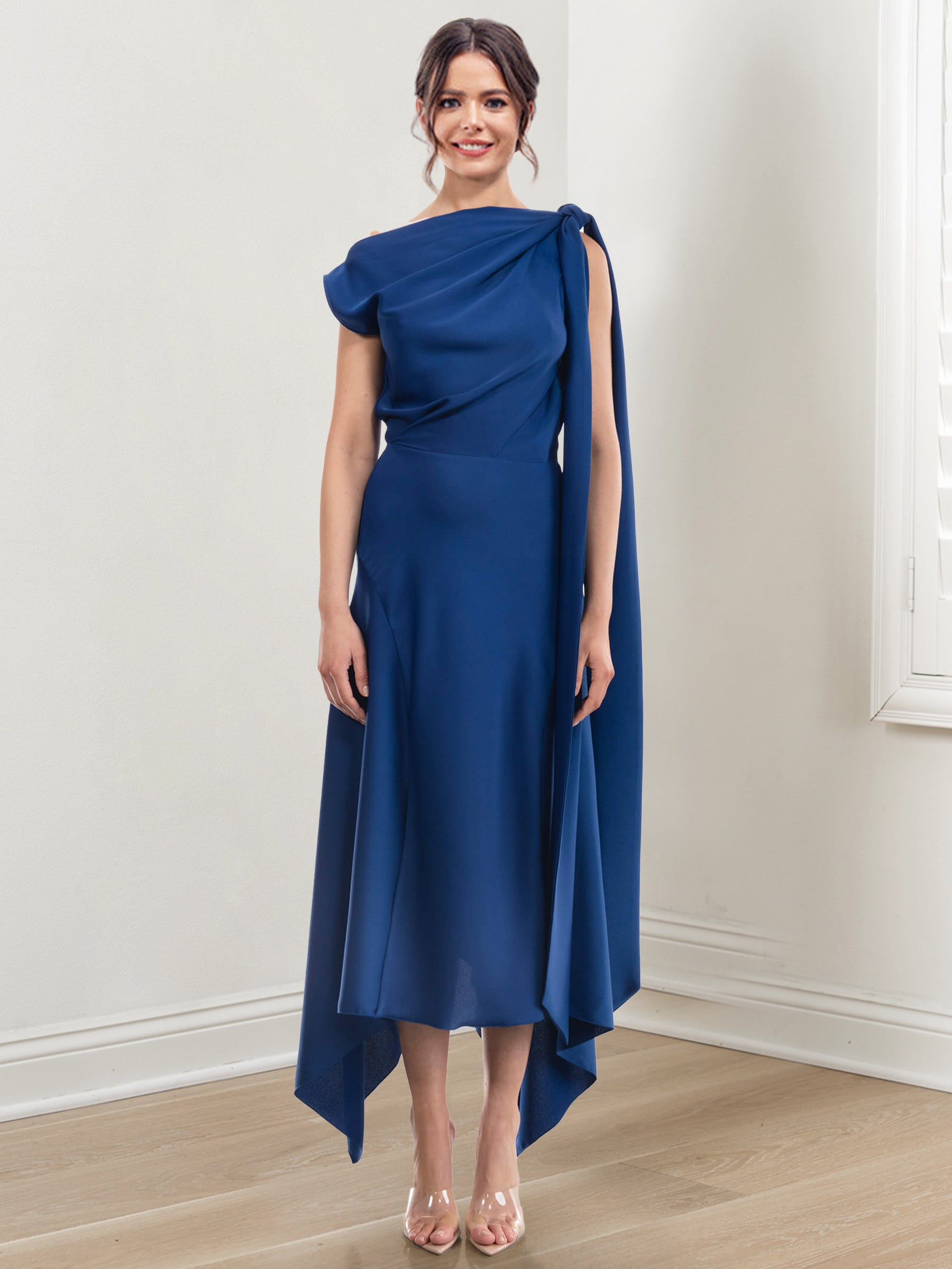 Asymmetrical Tea Length Mother Of The Bride Sheath Dress With Ruched Jewel Neck
