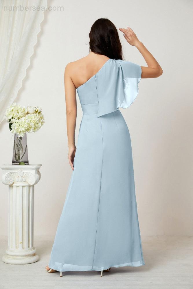 Abito da Sera Formale A-line con Spalla Singola e Balze in Chiffon, Spacco Laterale, per Damigelle, Modello 2809