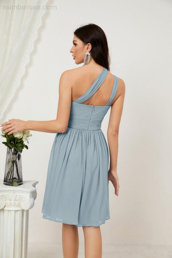 Numbersea Damen Chiffon Kurzes Ein-Schulter Brautjungfernkleid Festliche Kleider für Feier Heimkehr 2804