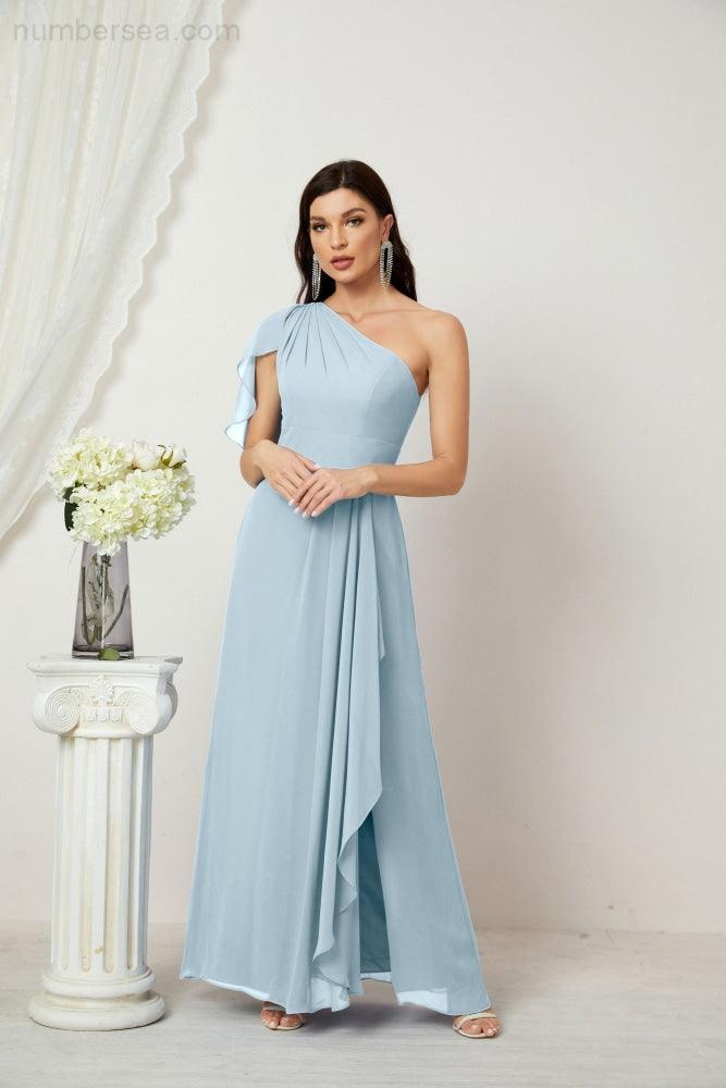 Abito da Sera Formale A-line con Spalla Singola e Balze in Chiffon, Spacco Laterale, per Damigelle, Modello 2809