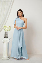 Abito da Sera Formale A-line con Spalla Singola e Balze in Chiffon, Spacco Laterale, per Damigelle, Modello 2809