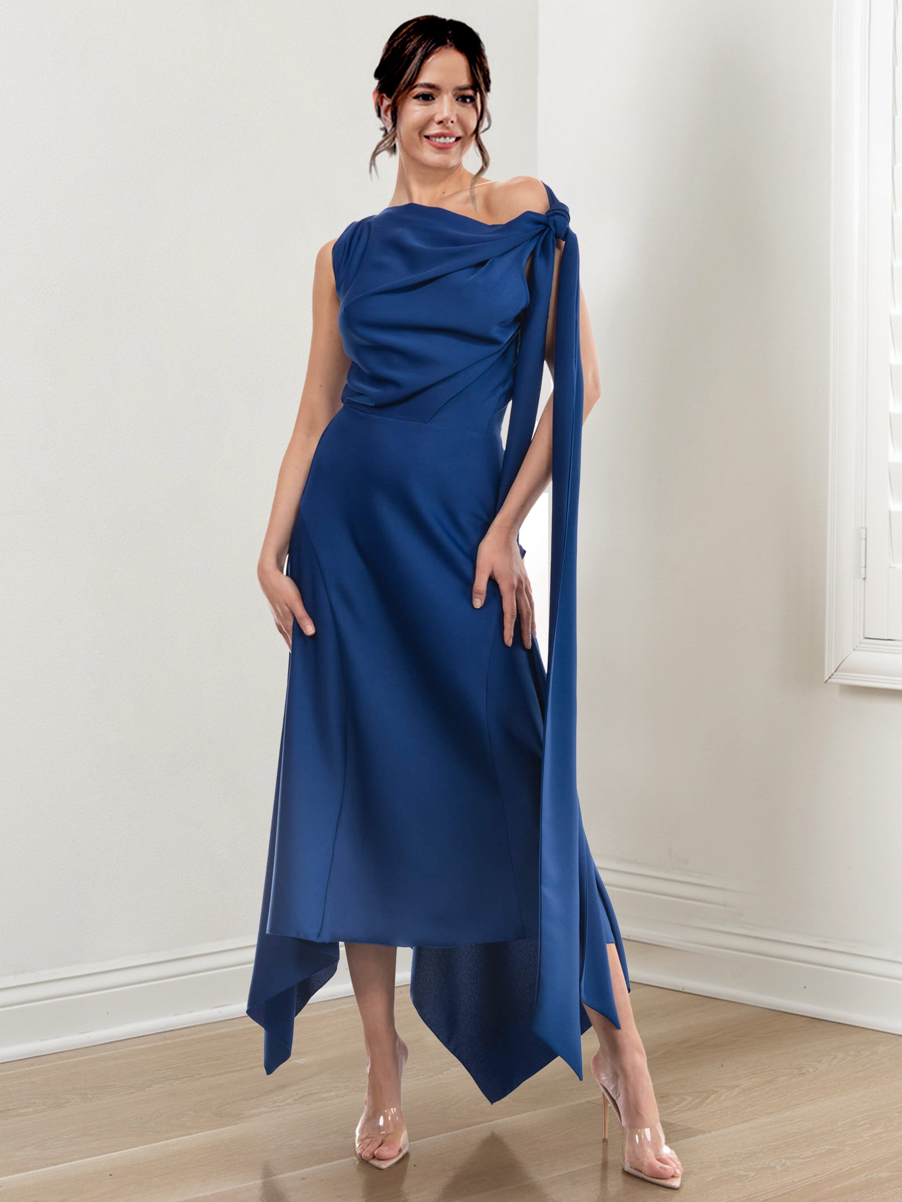 Asymmetrical Tea Length Mother Of The Bride Sheath Dress With Ruched Jewel Neck