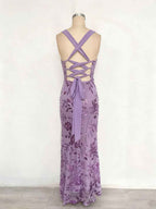 Lavender Sequin Floral Square Neck Prom Dress With Wide Straps