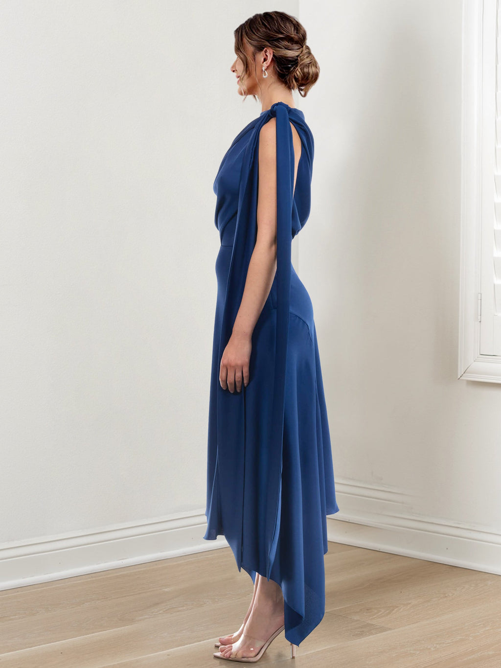 Asymmetrical Tea Length Mother Of The Bride Sheath Dress With Ruched Jewel Neck