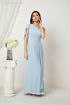 Abito da Sera Formale A-line con Spalla Singola e Balze in Chiffon, Spacco Laterale, per Damigelle, Modello 2809